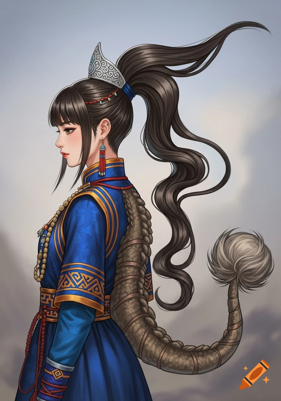 A stylized woman with dark hair styled into a high ponytail resembling a dinosaur tail, wearing a blue Mongolian-inspired dress.