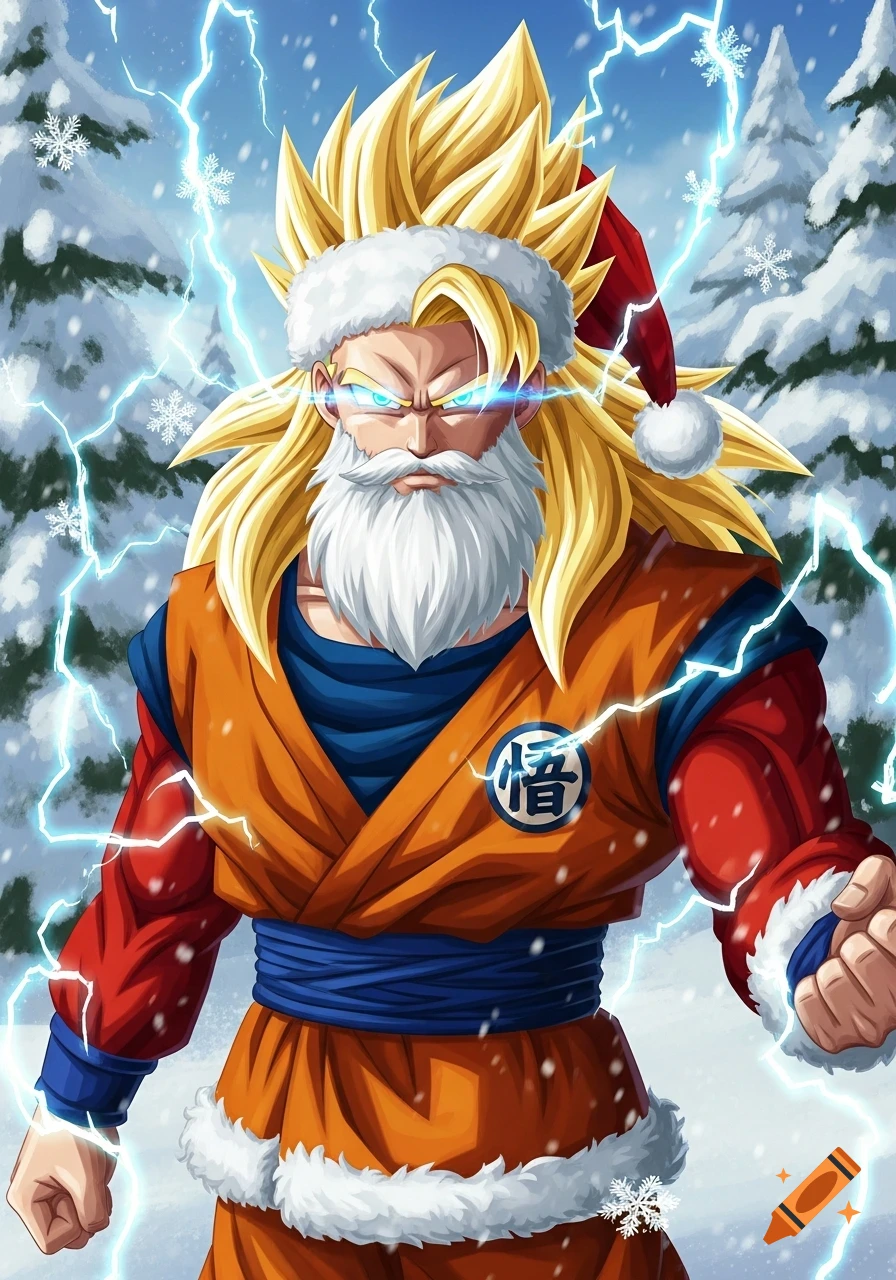 Super Saiyan Goku as Santa Claus with a white beard, yellow hair, and red/orange festive clothes, surrounded by blue lightning and snow.