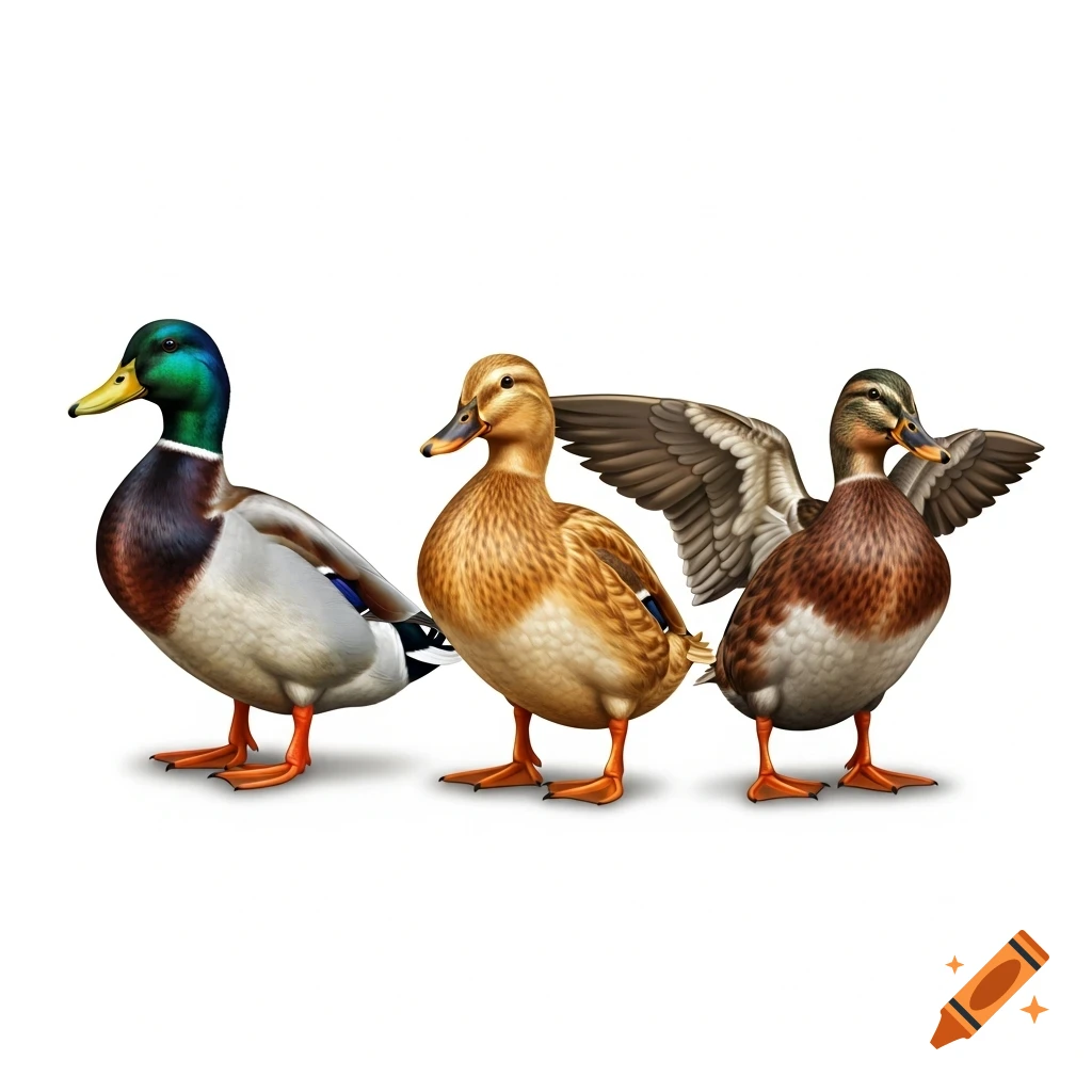 Three ducks, a green-headed mallard, a brown duck, and a brown duck with outstretched wings, stand on a white background.