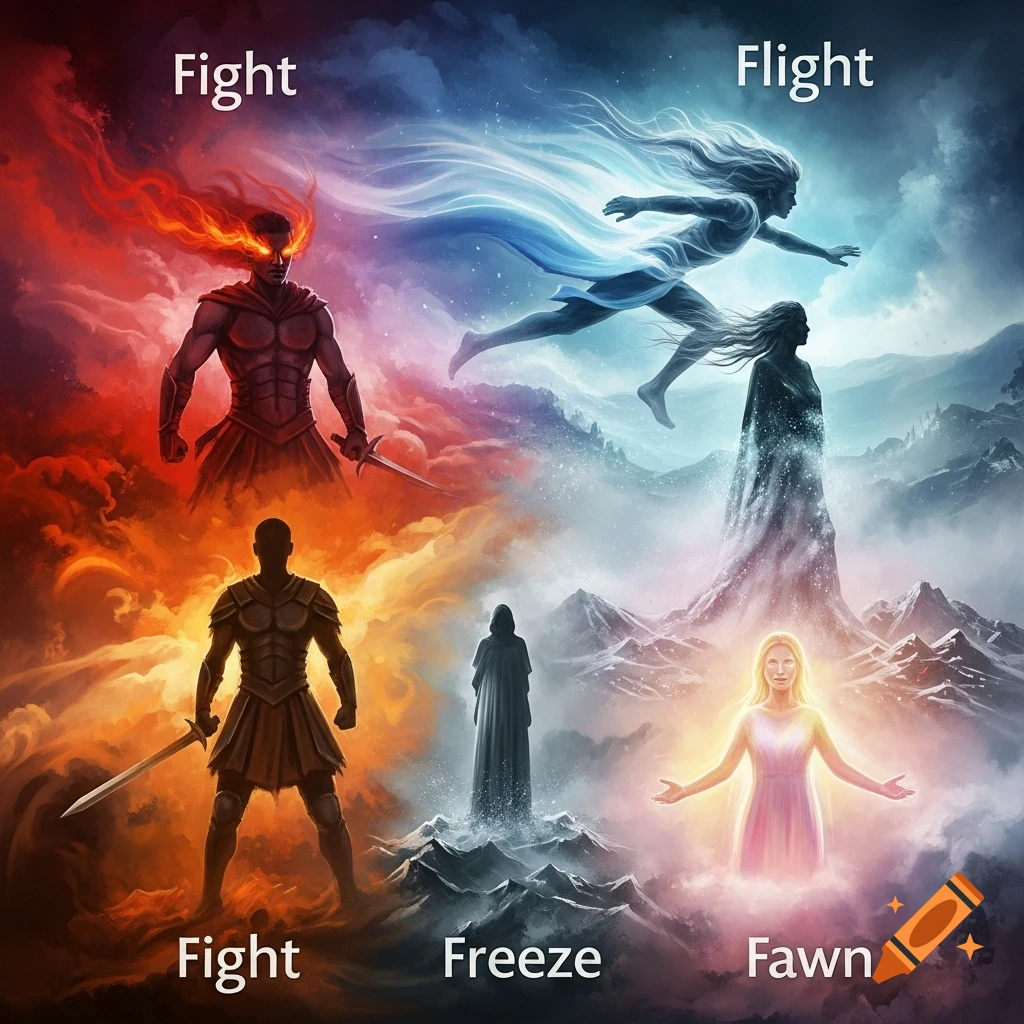 Fantasy art illustrating the four stress responses: a red warrior for 'Fight', a blue ethereal figure for 'Flight', a dark robed figure for 'Freeze', and a glowing woman for 'Fawn'.