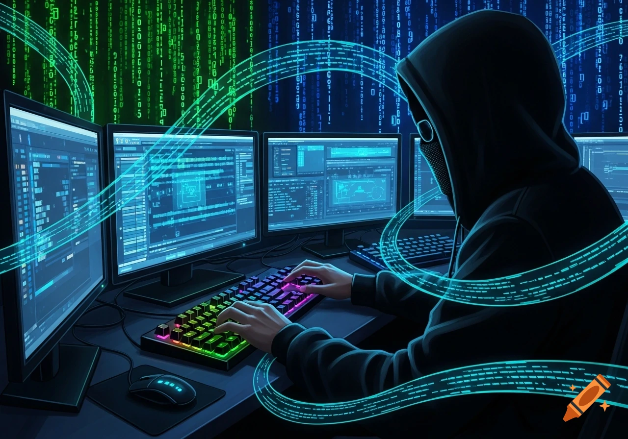 A hooded figure with a mask types on a glowing keyboard in a dark room filled with multiple computer screens displaying code and digital data streams.