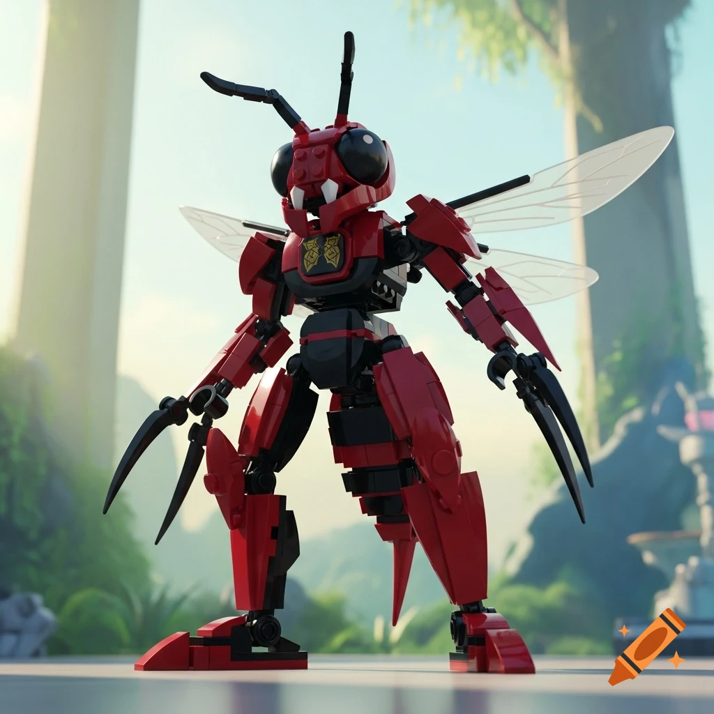 A red and black LEGO hornet robot stands against a bright, lush jungle background.