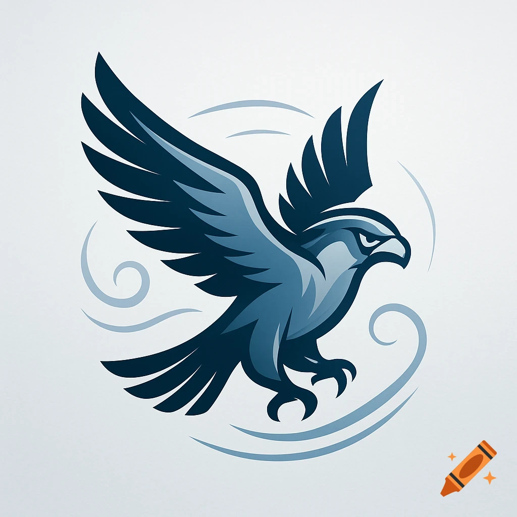 A stylized blue and grey falcon with spread wings, soaring amidst swirling lines, on a light background.