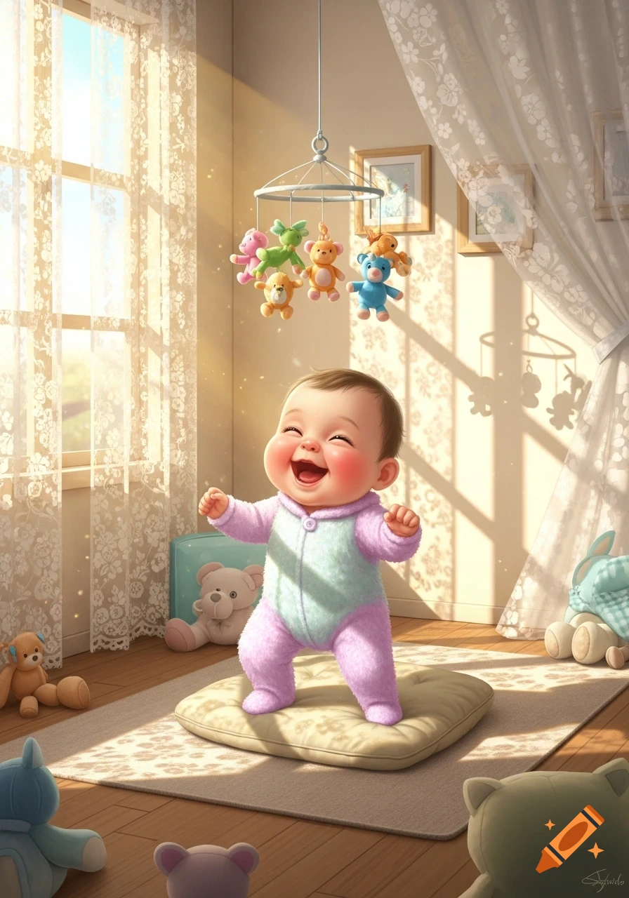 A joyful baby in a purple and green onesie stands on a pillow in a sunlit nursery, surrounded by teddy bears and a mobile.