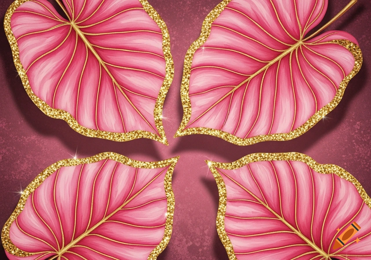 Four pink leaves with intricate gold glitter borders arranged in a symmetrical pattern on a dark pink textured background.