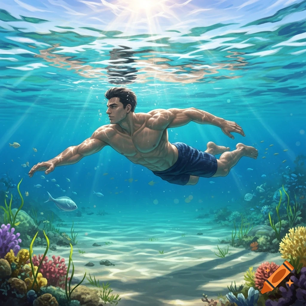 A muscular man in blue swim trunks swims underwater, with sunrays shining through the water onto a colorful coral reef.