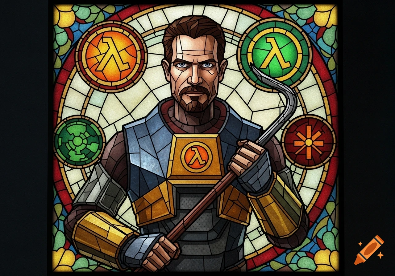 Stained glass art of Gordon Freeman from Half-Life 2, holding a crowbar amidst Lambda symbols.