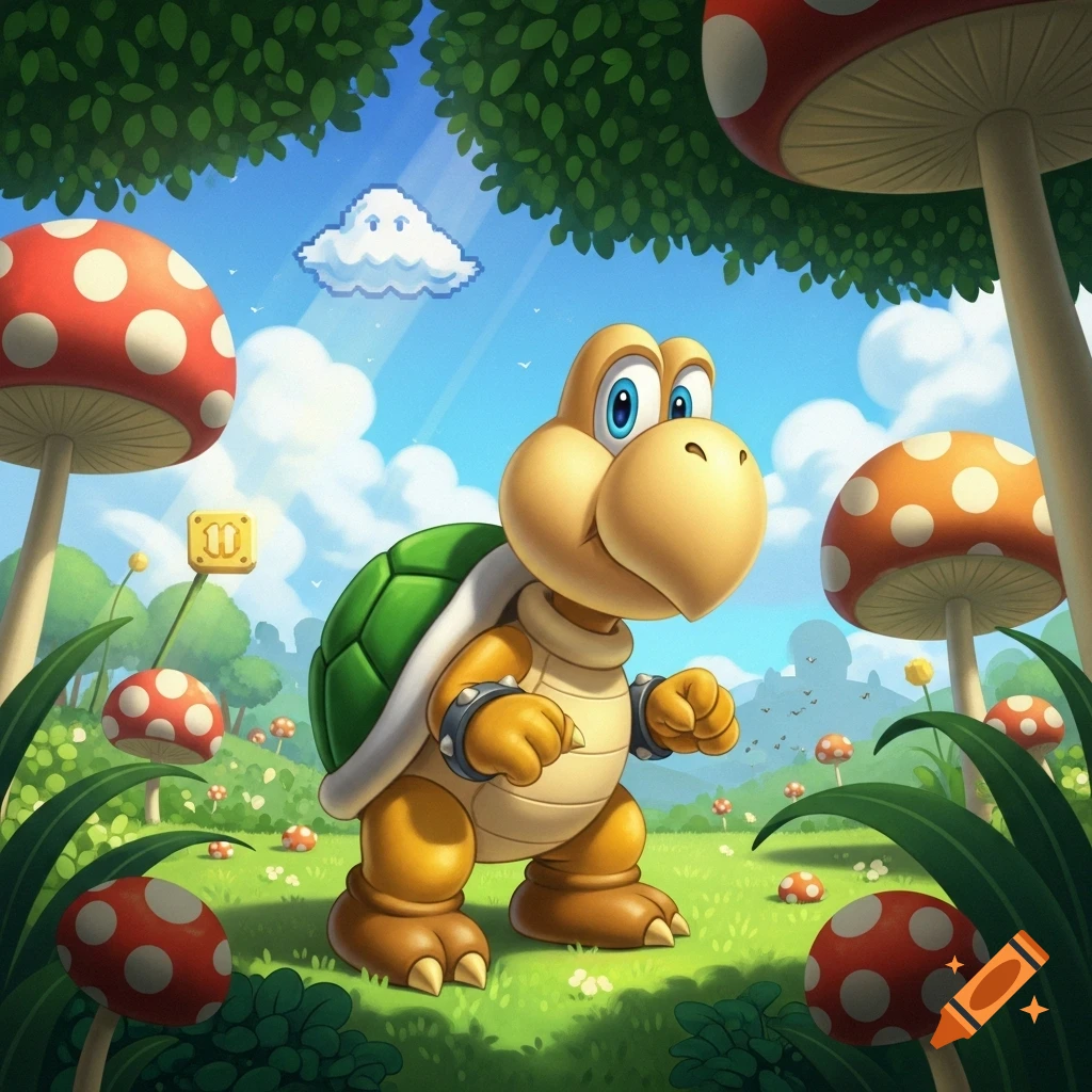 A cartoon Koopa Troopa stands in a vibrant green field with red and white spotted mushrooms, under a blue sky with a pixelated cloud.
