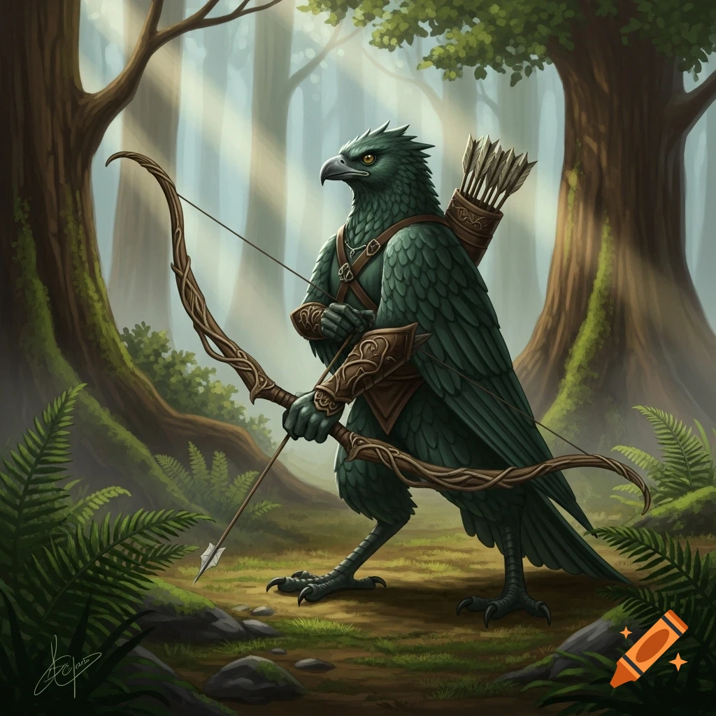 A dark green feathered humanoid bird archer in ornate armor stands holding a bow and arrow in a sun-dappled fantasy forest.