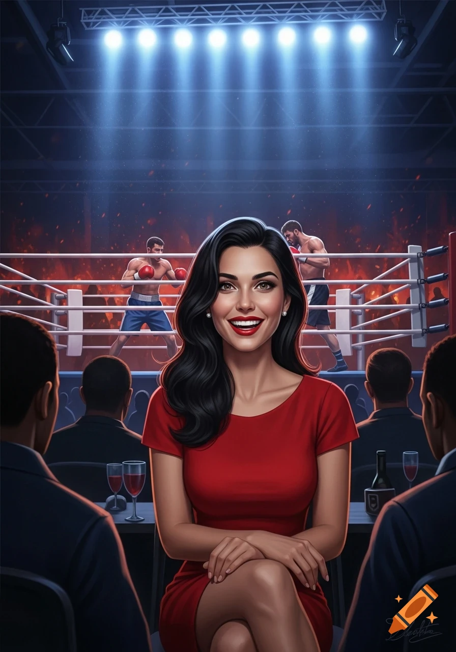 A smiling woman in a red dress sits ringside, watching a boxing match in a lit arena in a digital art style.