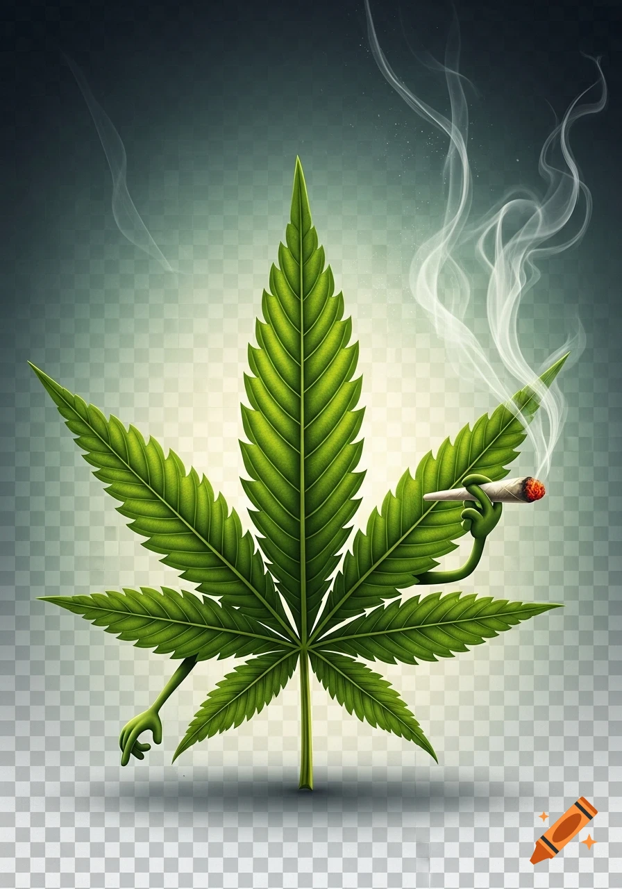 A stylized green cannabis leaf with arms, smoking a lit joint, with smoke rising on a transparent background.