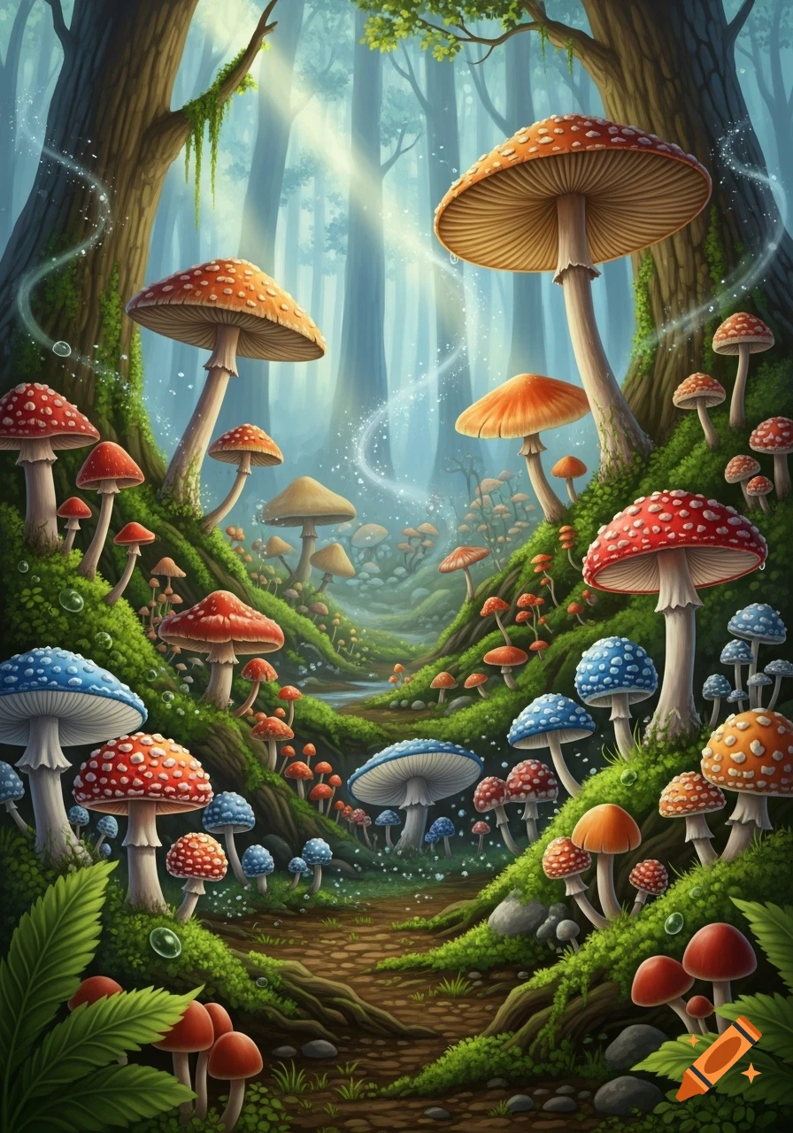 A magical forest scene with a path winding through large, colorful, glowing mushrooms and tall trees, bathed in sunlight.