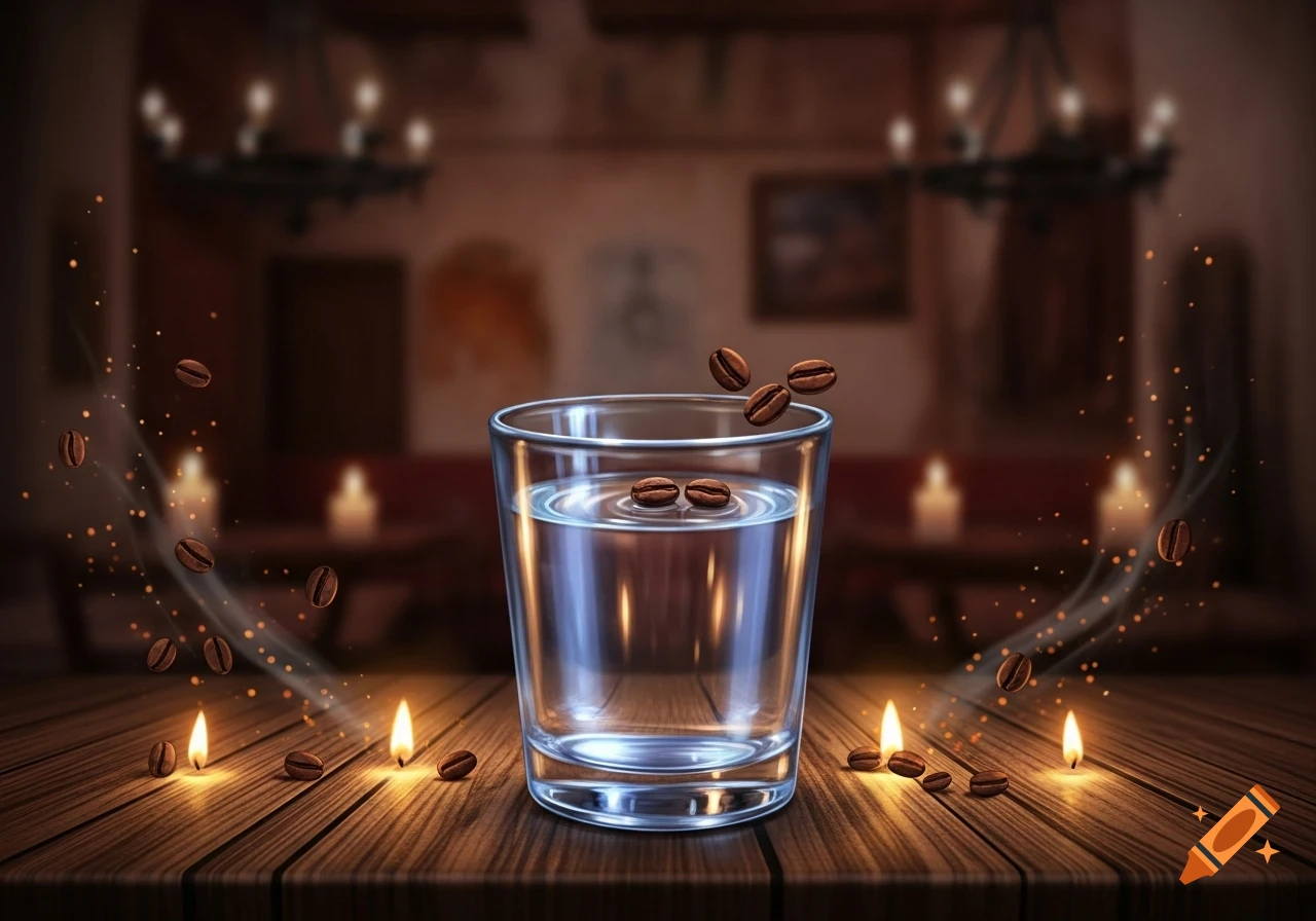 A glass of clear liquid with coffee beans on and around it, next to lit candles on a wooden table in a dimly lit bar.
