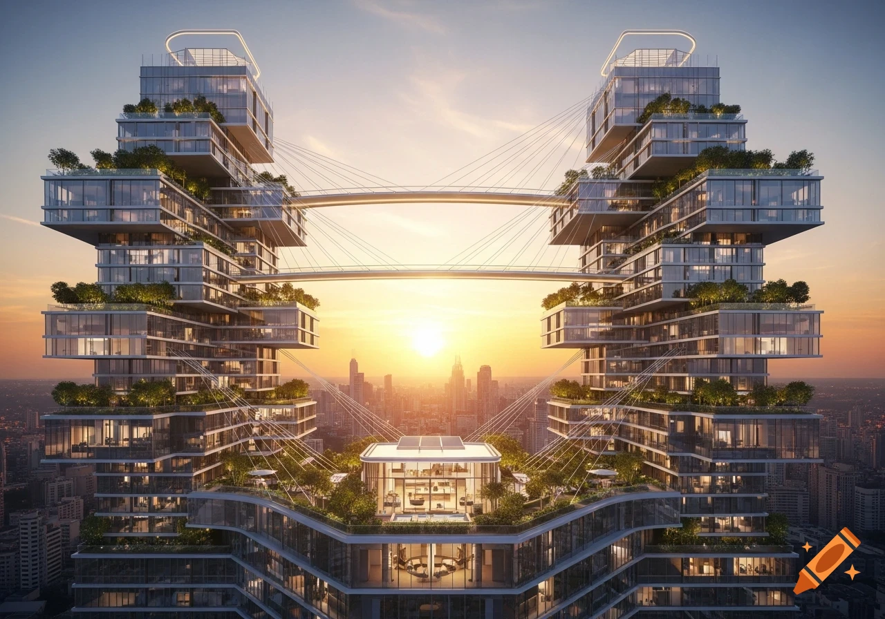Two modern, interconnected skyscrapers with green terraces and aerial bridges at sunset, overlooking a city skyline.