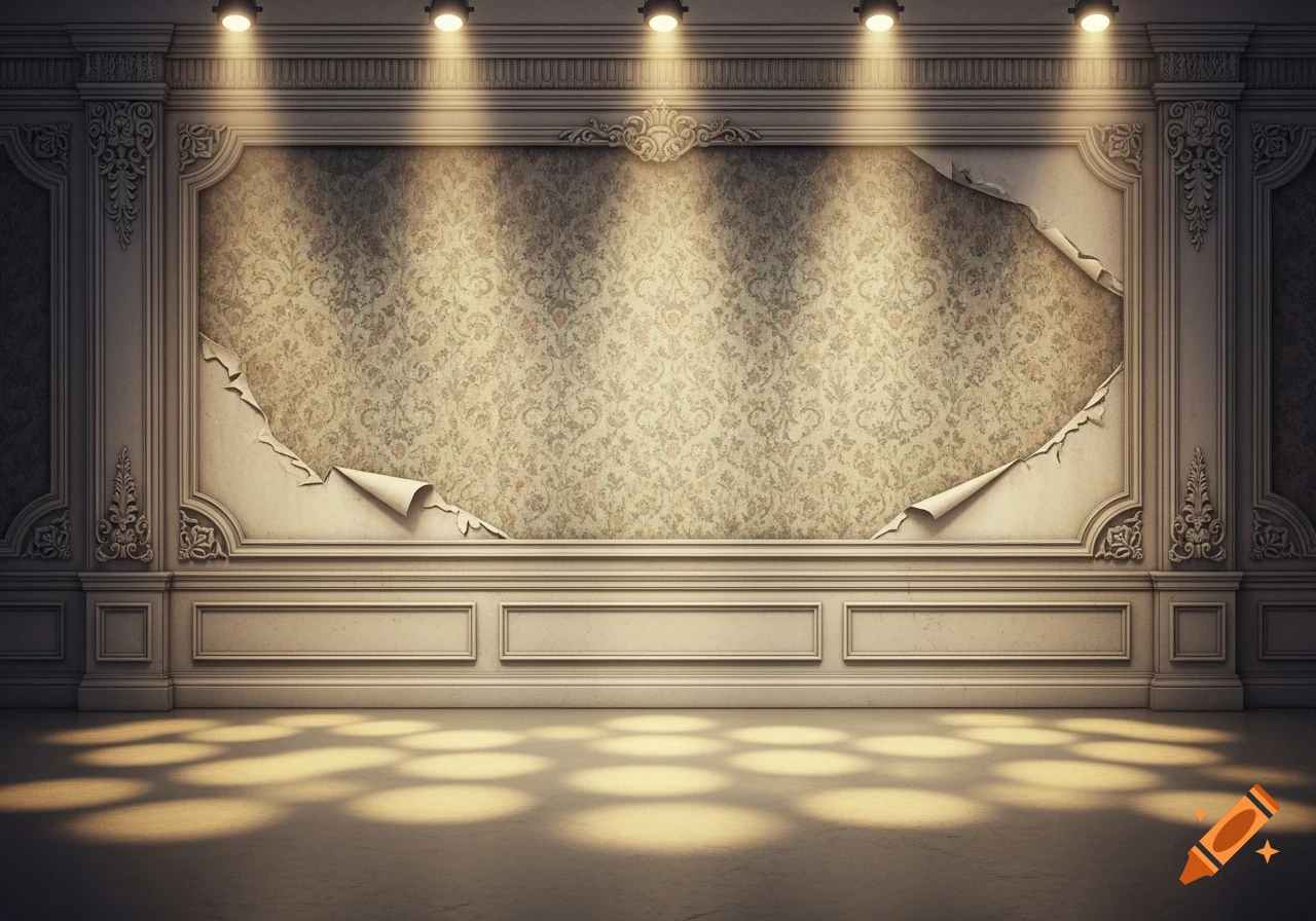Ornate wall with peeling floral wallpaper, classical molding, and spotlights casting shadows on the floor, resembling a theatre backdrop.