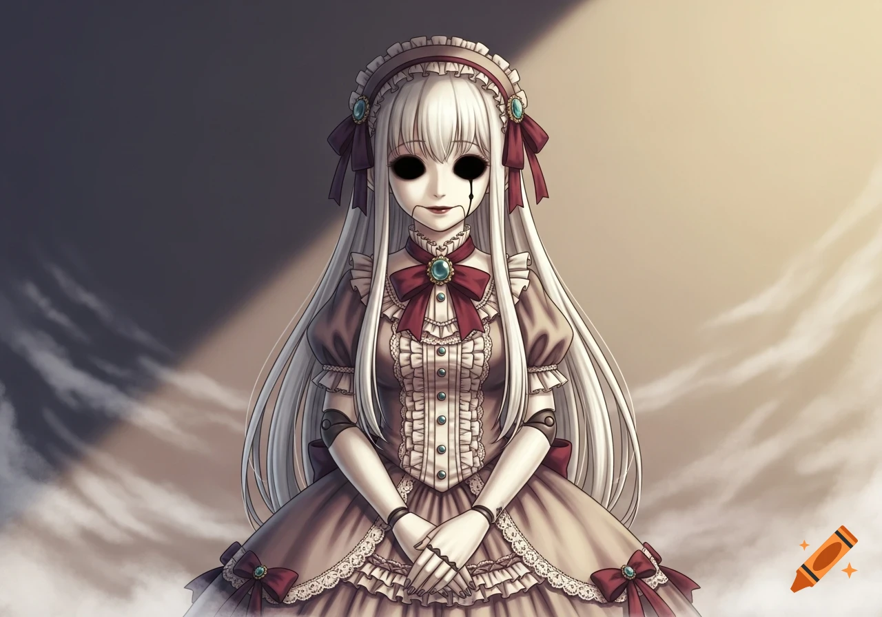 Anime doll girl with long white hair, hollow black eyes, and a stitched mouth, in a Victorian dress.