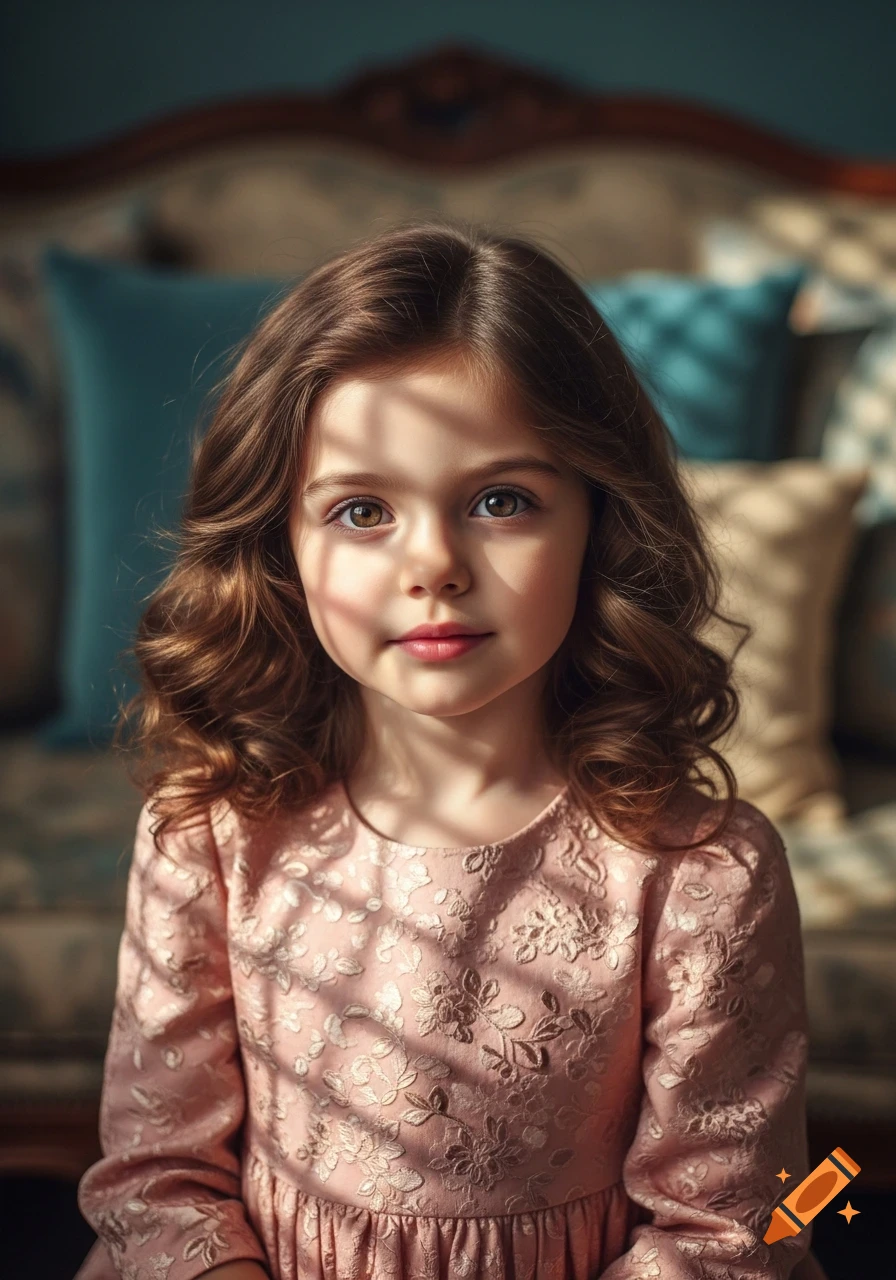 Close-up photorealistic portrait of a young girl with long brown wavy hair and brown eyes, wearing a pink lace dress, lit by dappled sunlight.