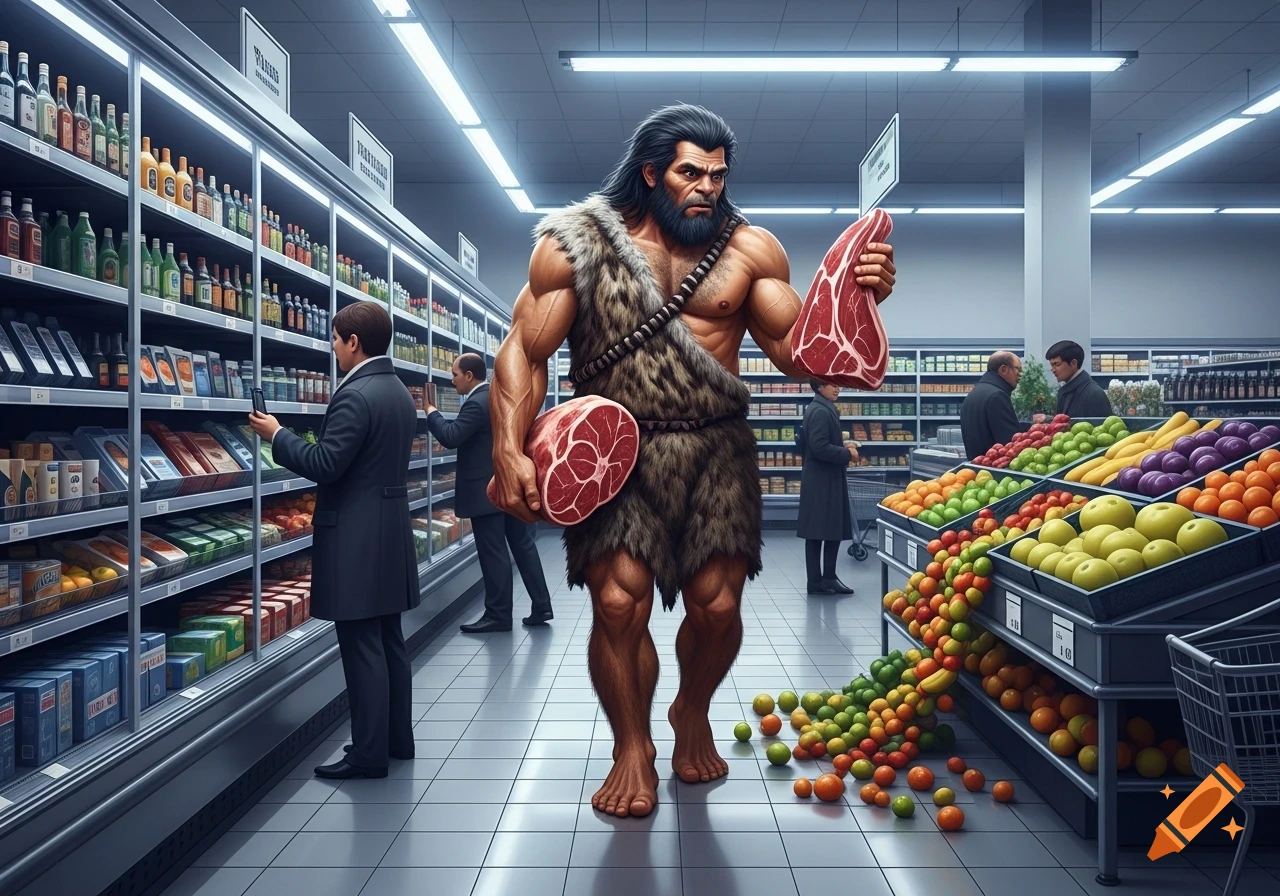 A muscular caveman with a beard and fur loincloth stands in the middle of a modern supermarket, holding two large cuts of raw meat. Shoppers in suits browse aisles filled with products and a fruit display overflows onto the floor.