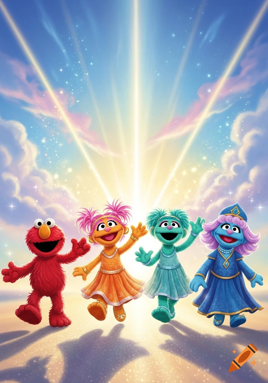 Elmo, a pink-haired puppet, a teal puppet, and a blue puppet in flowing dresses stand smiling under a bright, radiant sky.