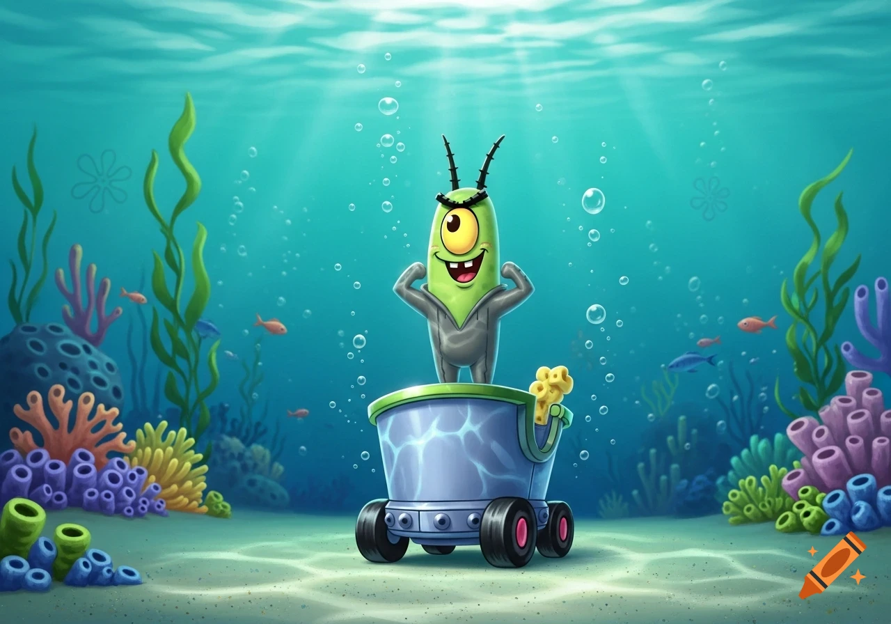 Plankton flexing in a small wheeled cart underwater surrounded by colorful coral and sea plants.