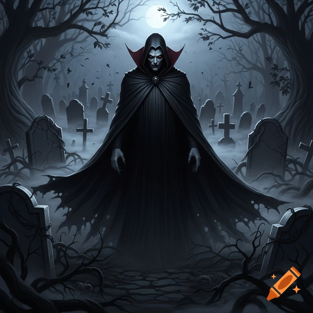 A menacing vampire in a black cape stands in a misty graveyard under a ...