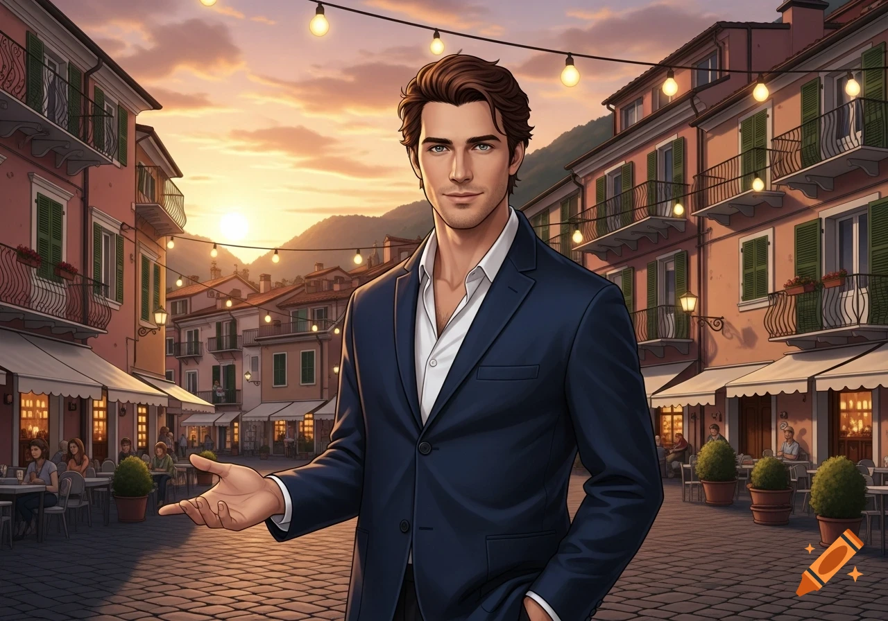 Illustrated man in a dark suit gestures in an Italian town square with cafes at sunset, string lights above.