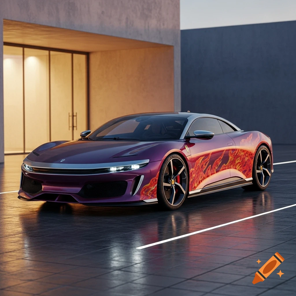 Sleek purple sports car with flame decals parked on a tiled surface in front of a modern building, photorealistic.