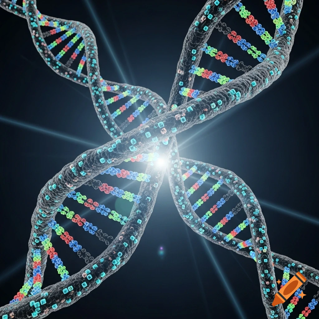 Two intertwined DNA helices glowing brightly against a dark background, with colorful base pairs.