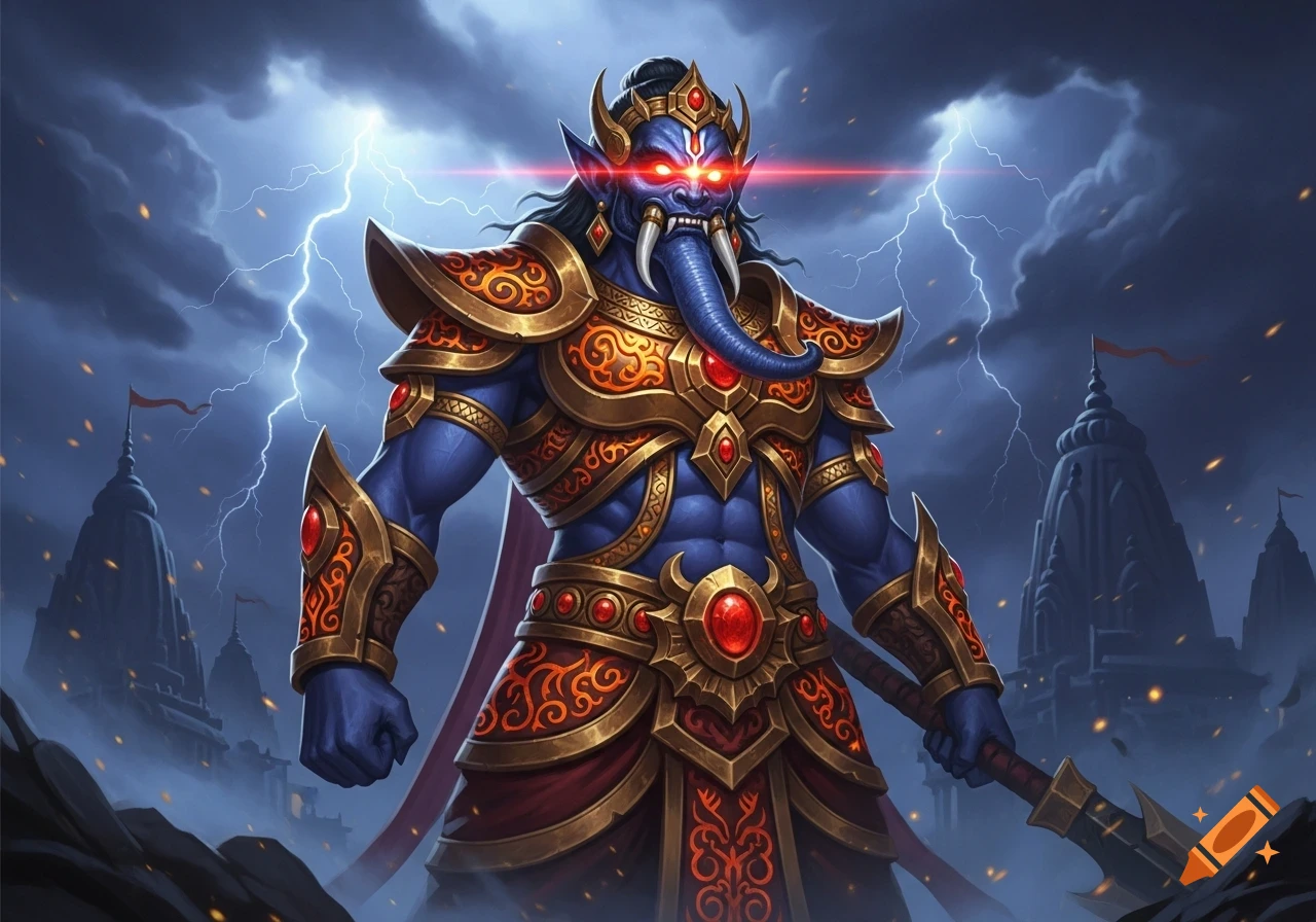 A powerful blue demon with an elephant-like trunk and glowing red eyes in golden armor, holding a weapon under a stormy, lightning-filled sky with temples.