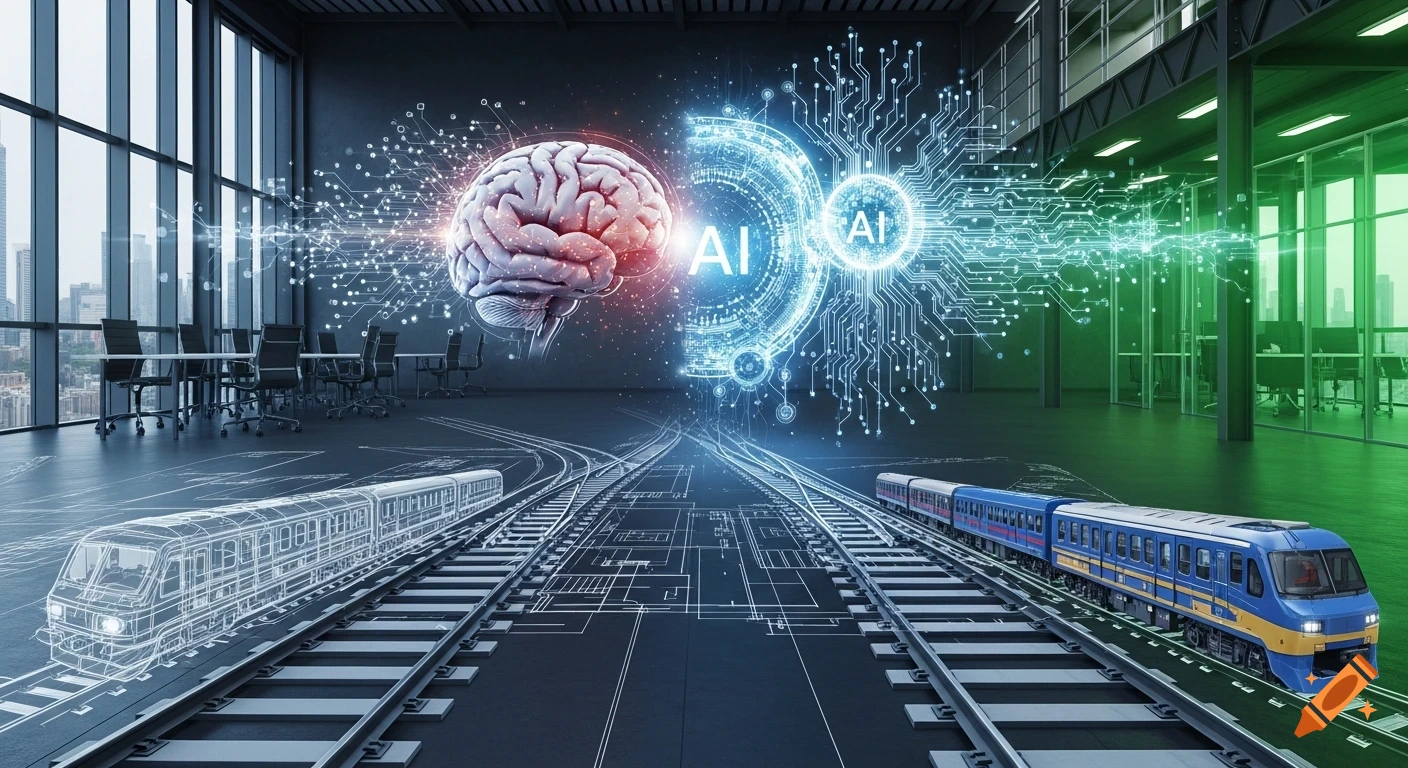 A human brain connected to digital circuits and "AI" text, superimposed over an office with large windows, railway blueprints, and a blue train.