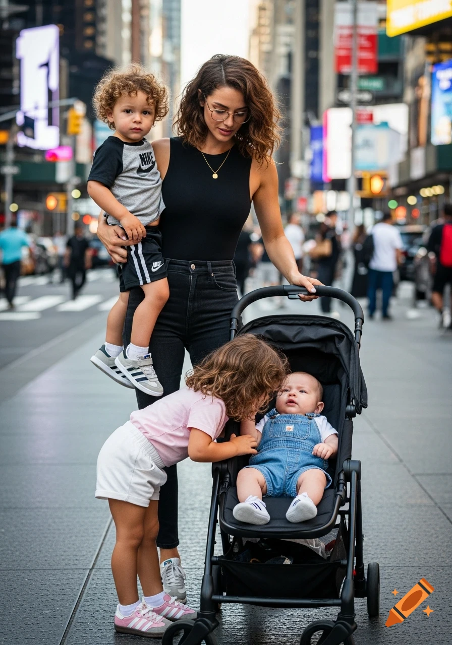 A woman with three children on a city street. She carries one child, pushes a stroller with a baby, while another child interacts with the baby.
