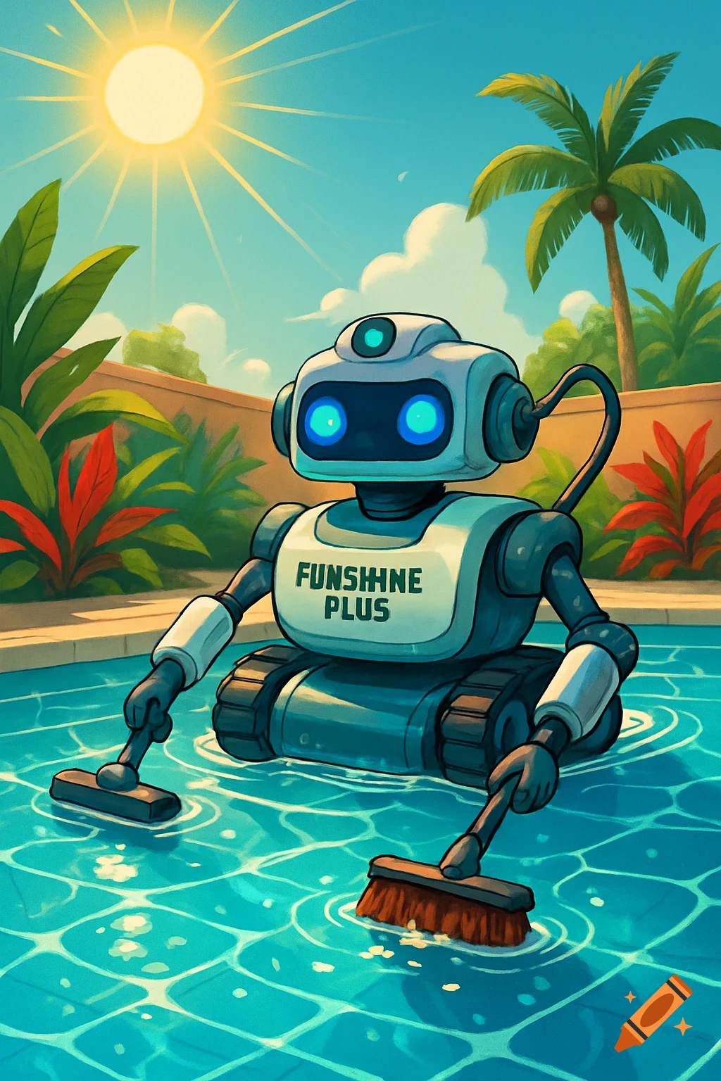 Cartoon robot with "FUNSHINE PLUS" on its chest cleans a blue swimming pool on a sunny day with palm trees.