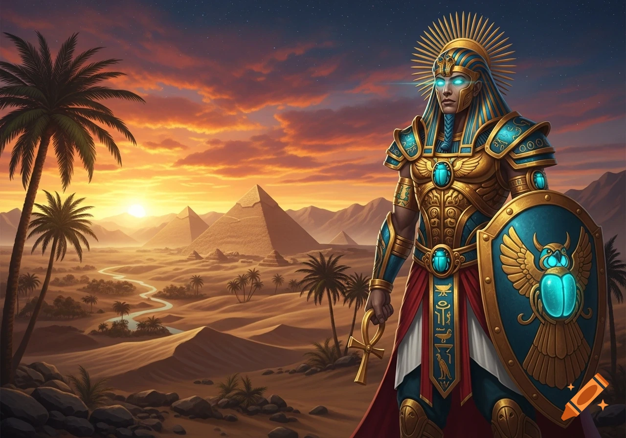 A majestic Egyptian warrior god in golden and teal armor with glowing eyes, holding an ankh and shield, stands in a desert landscape with pyramids and palm trees at sunset.