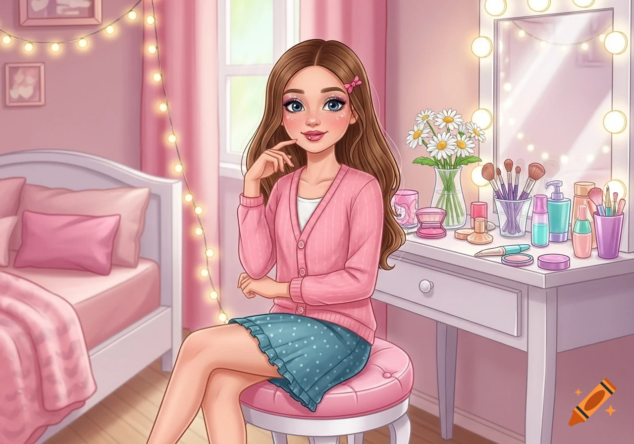 Cartoon illustration of a tween girl in a pink bedroom, posing at a vanity table with makeup.