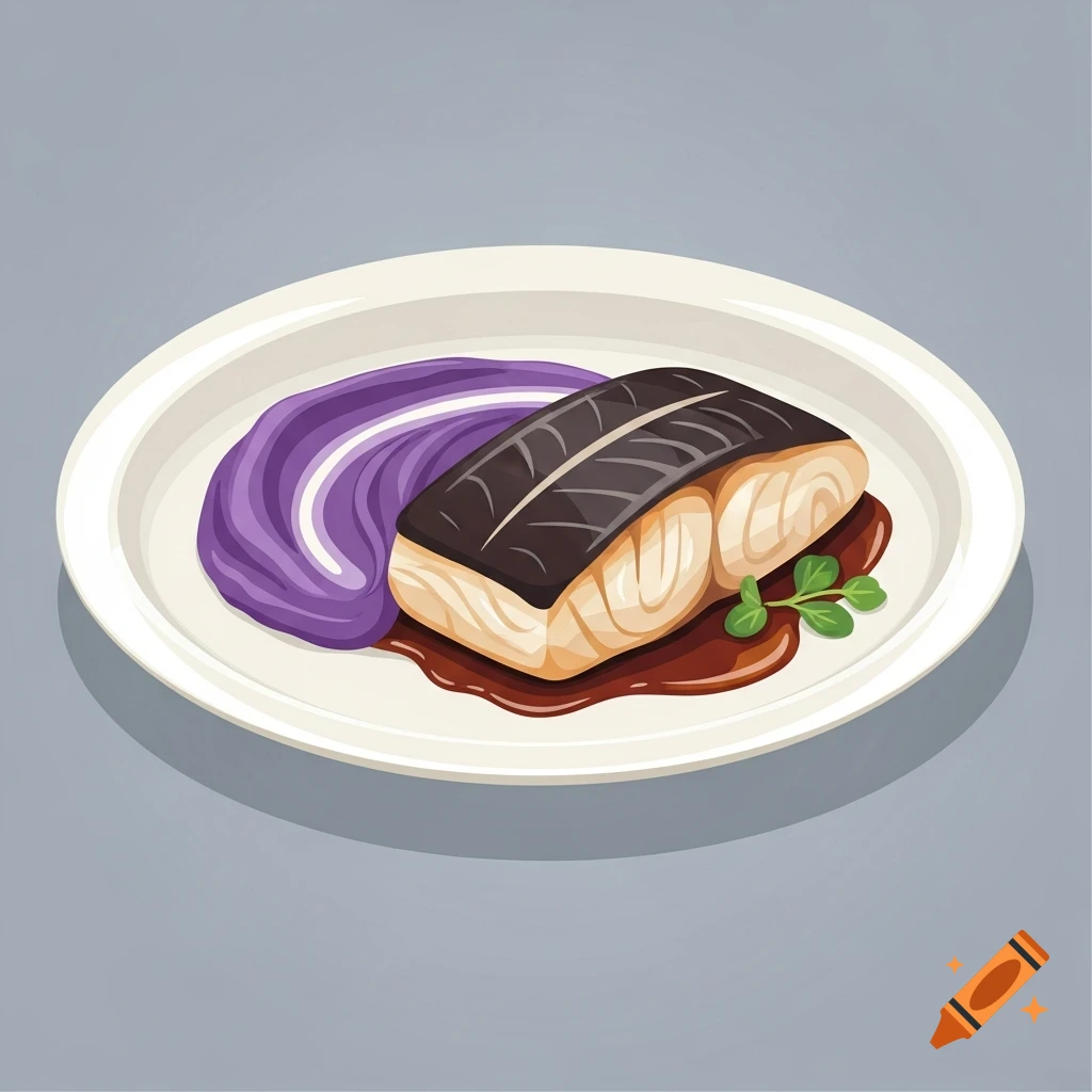 Flat illustration of black cod with dark sauce, purple mashed potatoes, and green garnish on a white plate.