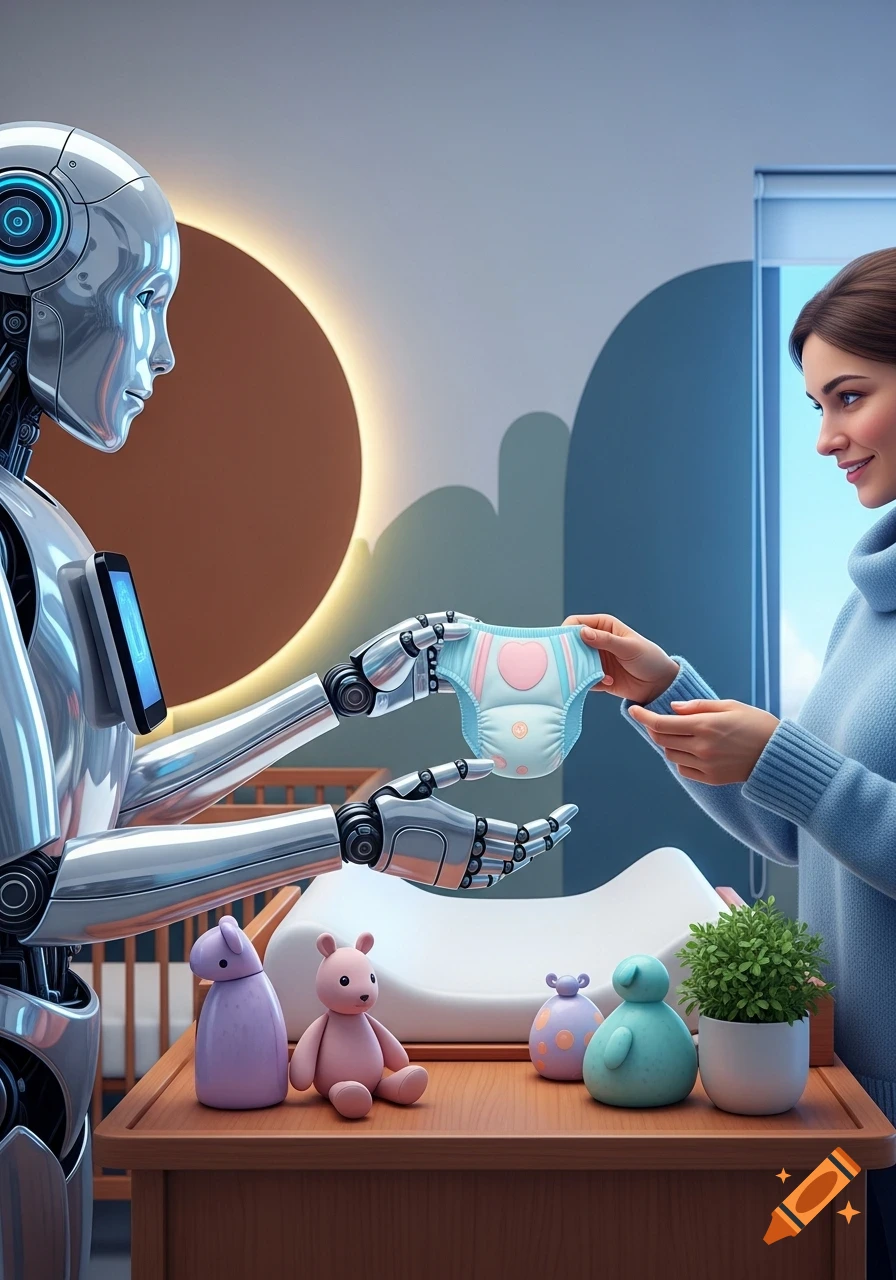 A chrome robot hands a baby diaper to a smiling woman in a photorealistic nursery setting.