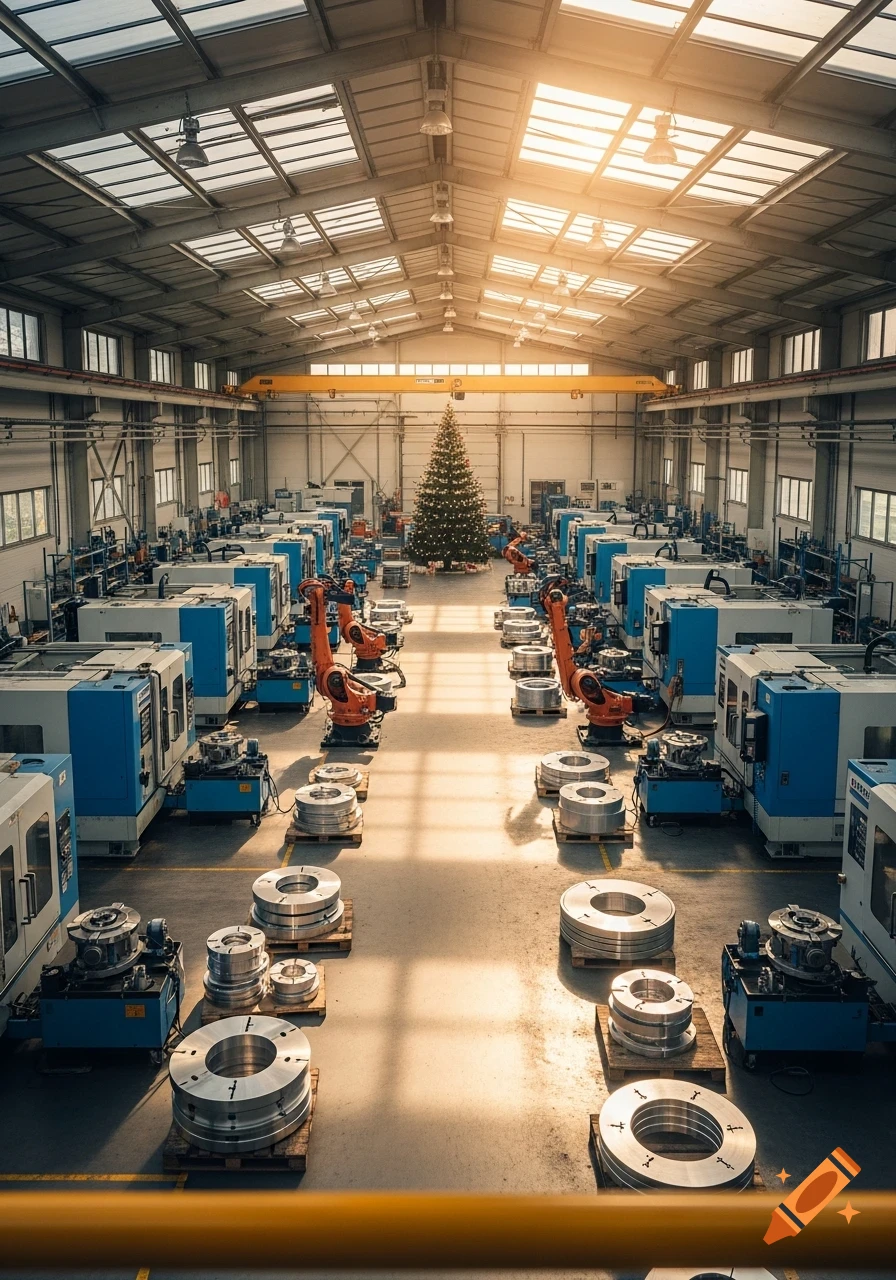 Photorealistic factory interior with blue CNC machines, orange robots, and metal parts. A Christmas tree stands in the middle with warm light.