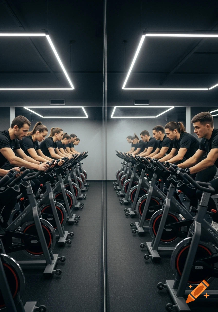 Group of men and women on exercise bikes in a modern, dark gym with mirrored walls and bright square lights on the ceiling, photorealistic.