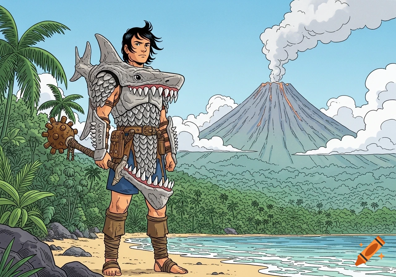 Young man in shark armor holding a mace stands on a tropical beach with a smoking volcano, in comic book style.