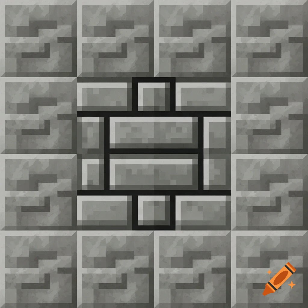 A pixelated gray Minecraft-style stone texture featuring a central pattern of rectangular brick-like elements.