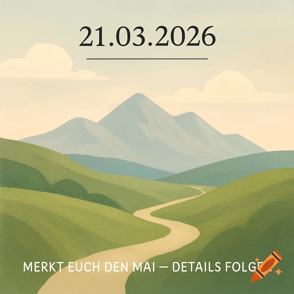 A stylized illustration of rolling green hills, a winding path, and distant mountains under a pastel sky with a date and text.