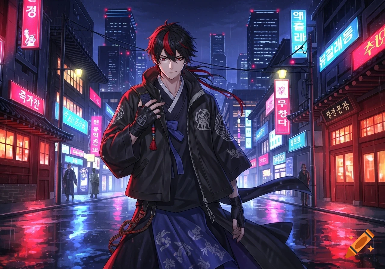 Anime character with red and black hair in a black jacket and hanbok-inspired attire on a rainy, neon-lit city street.