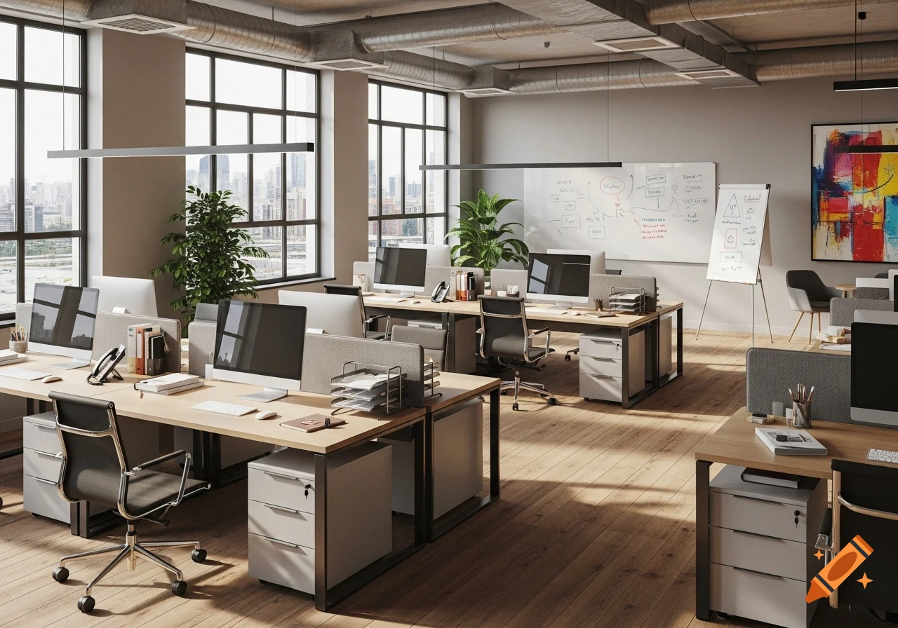 A modern, well-lit open-plan office with desks, computers, ergonomic chairs, and large windows overlooking a city skyline. Plants and whiteboards are visible.