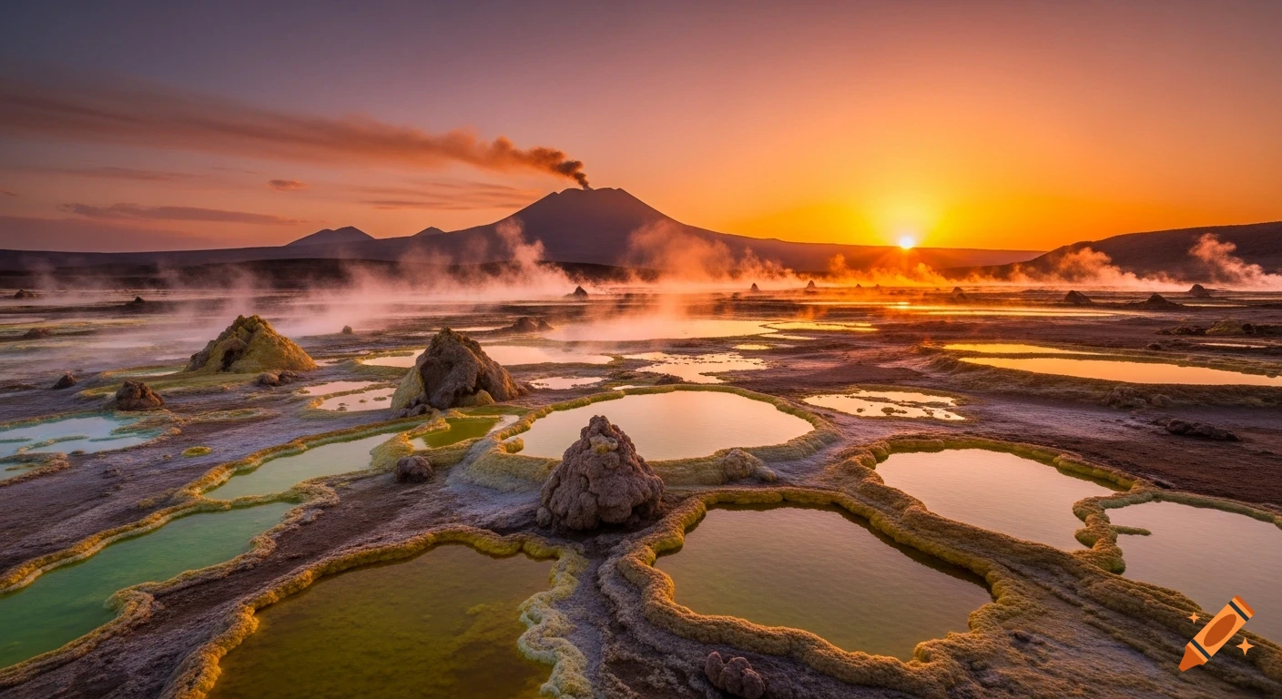 Dramatic sunset over a volcanic landscape with a smoking peak, steamy geothermal pools, and colorful mineral formations.