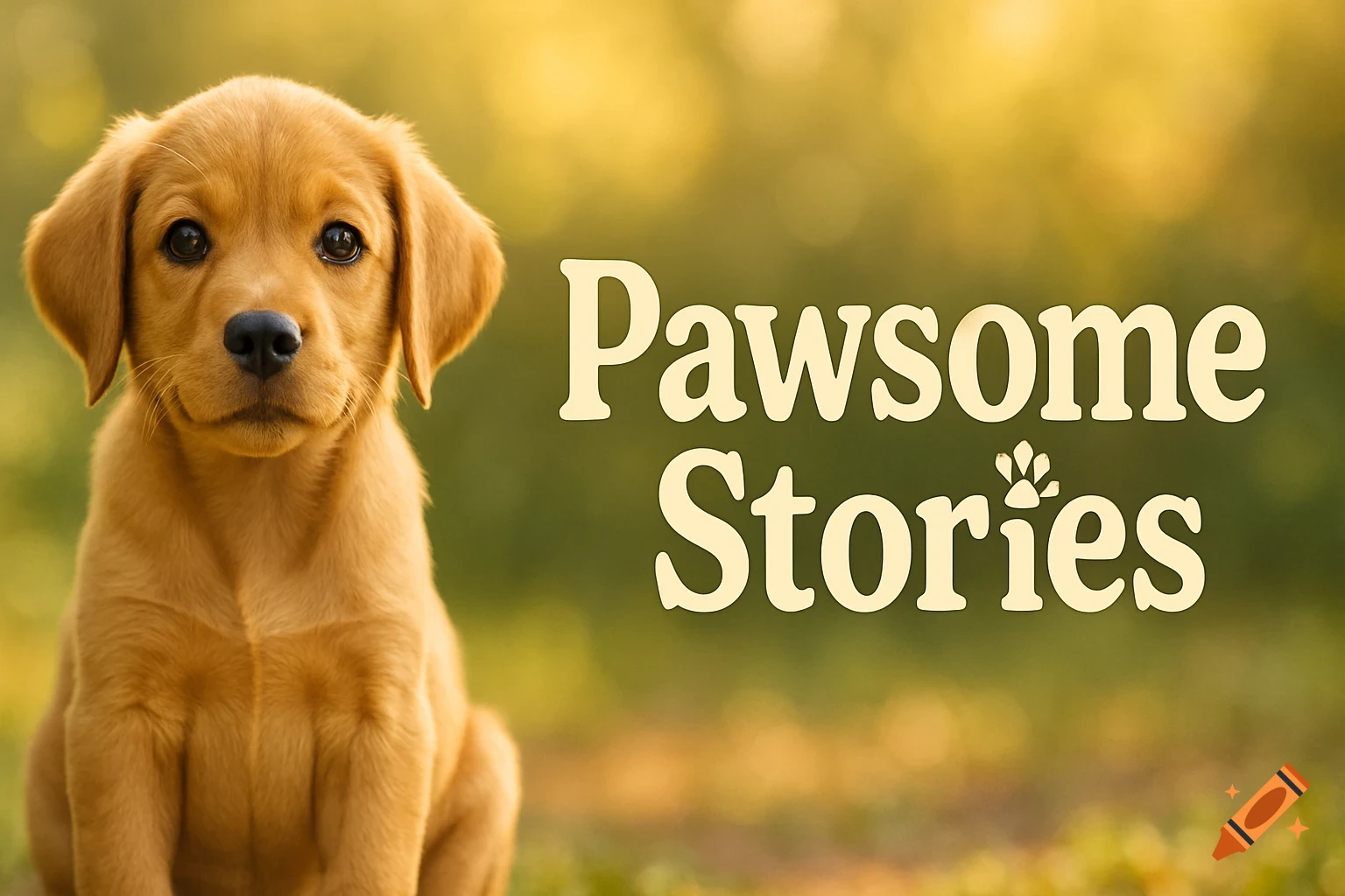 A cute golden-brown puppy sits on the left with blurred nature in the background. "Pawsome Stories" is written on the right.