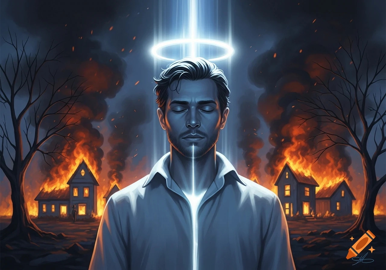 A serene man with a glowing halo and a beam of light through his body stands before burning houses and bare trees, in an art style.