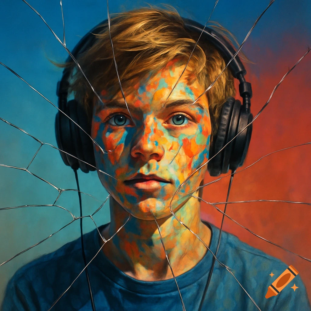 Painted portrait of a blonde teenage boy with headphones and colorful face paint, viewed through shattered glass, against a blue and red gradient.