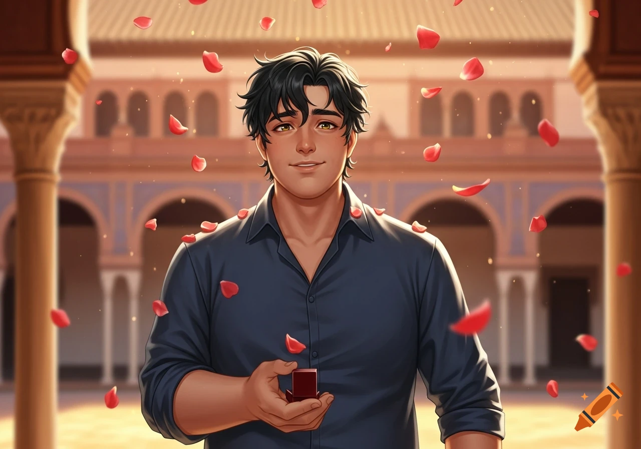 An anime-style man with dark hair smiles, holding a ring box in a romantic Spanish courtyard with falling rose petals.