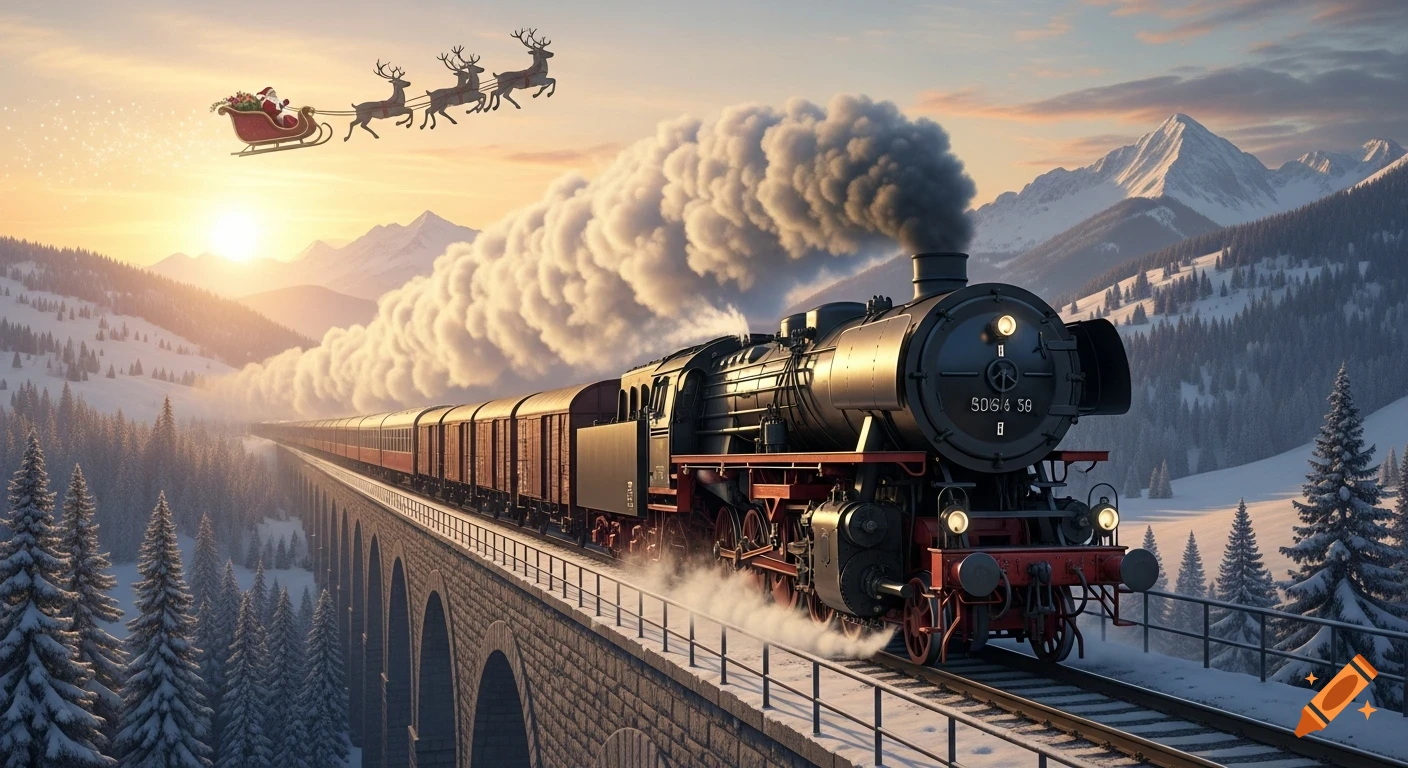 A German Class 50 steam locomotive pulls a freight train over a snowy ...