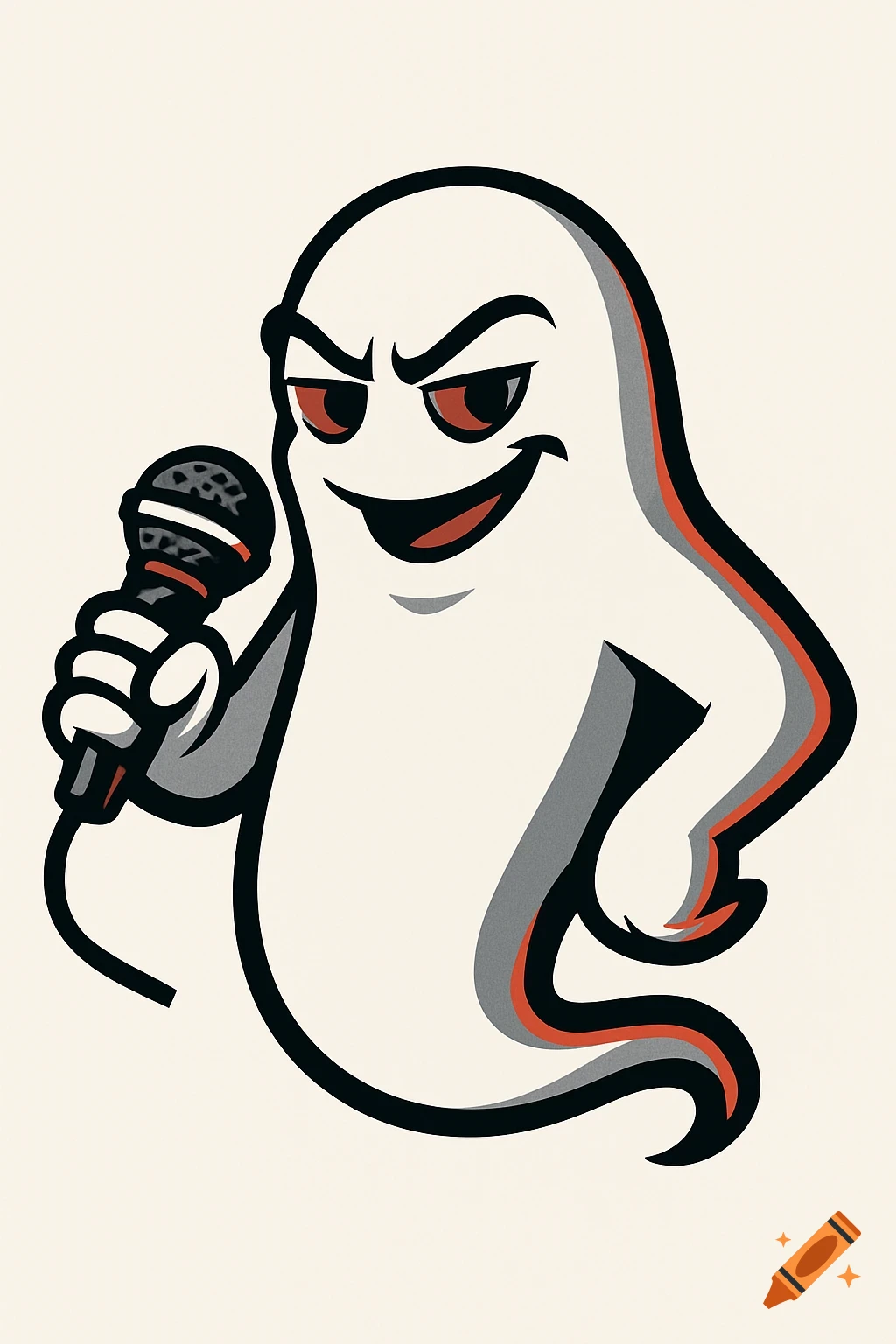 A smug, confident white ghost with red eyes holding a microphone, illustrated in a black, white, gray, and red logo style.